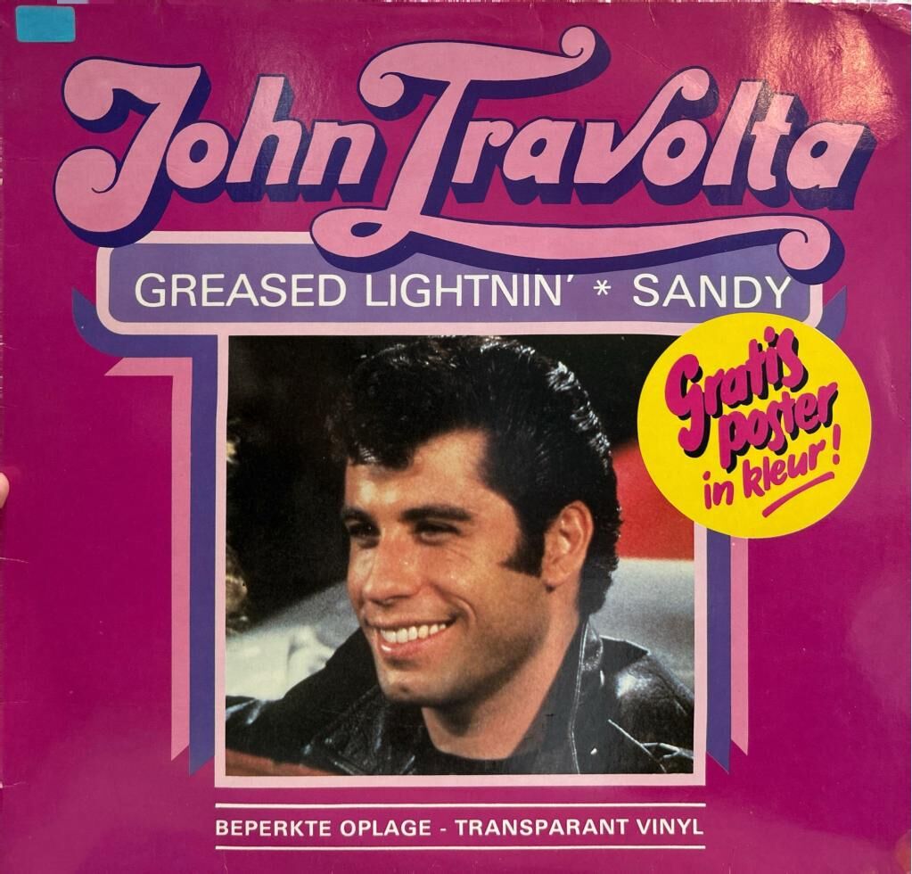 John Travolta - 1978 HOLLANDA BASKI Greased Lightnin' Sandy ve diğerleri Şeffaf Renkli Plak LP