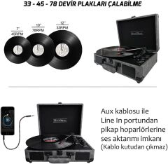 Record Master *ÜCRETSİZ KARGO Record Master ST14012 Gri-Siyah Retro Pikap Bluetooth ve Şarj Özellikli Özel Dış Kaplama Retro Pikap 33, 45, 78 Devir