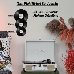 Record Master *ÜCRETSİZ KARGO Record Master ST14012 Kum Beyazı Retro Pikap Bluetooth ve Şarj Özellikli Özel Dış Kaplama Retro Pikap 33, 45, 78 Devir
