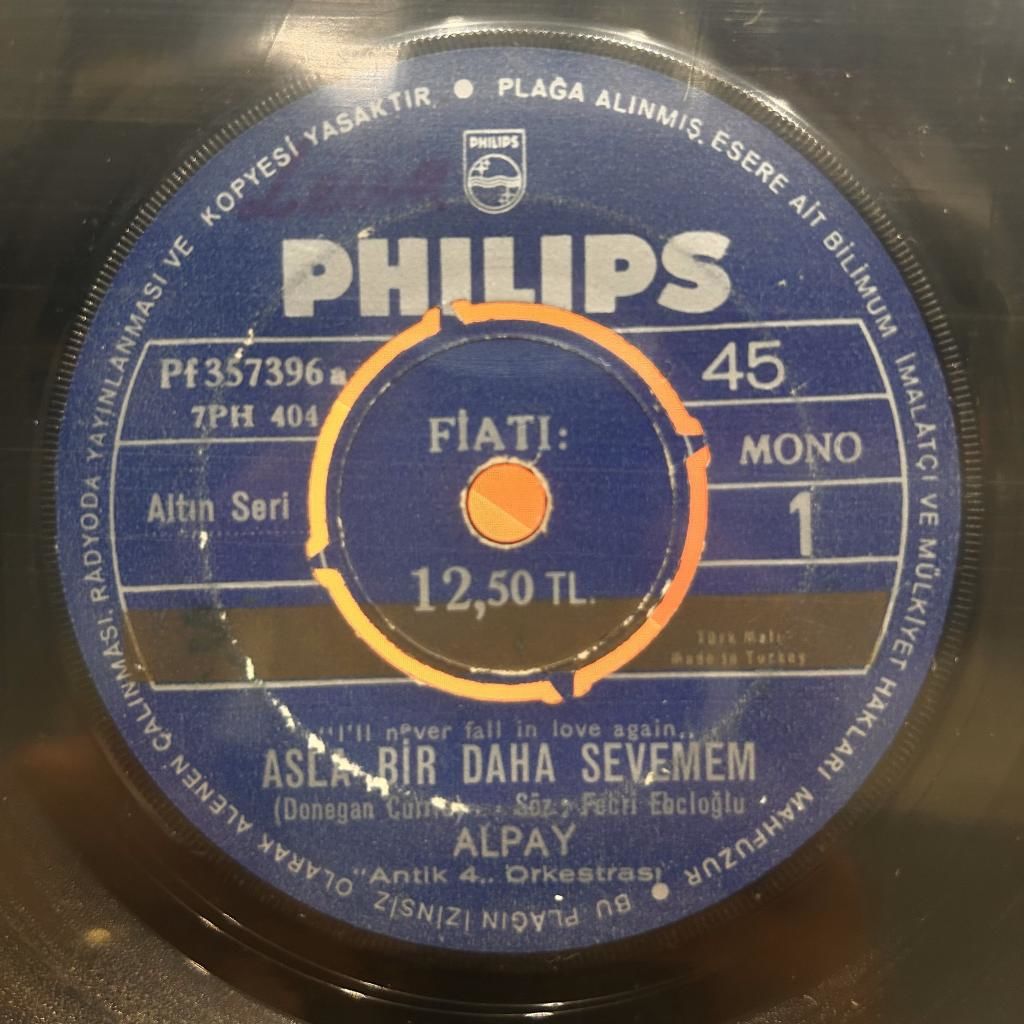 Alpay ‎– Asla Bir Daha Sevemem / Kimse Bilmez Yarın Ne Olur 1969 BASKI 45Lİ