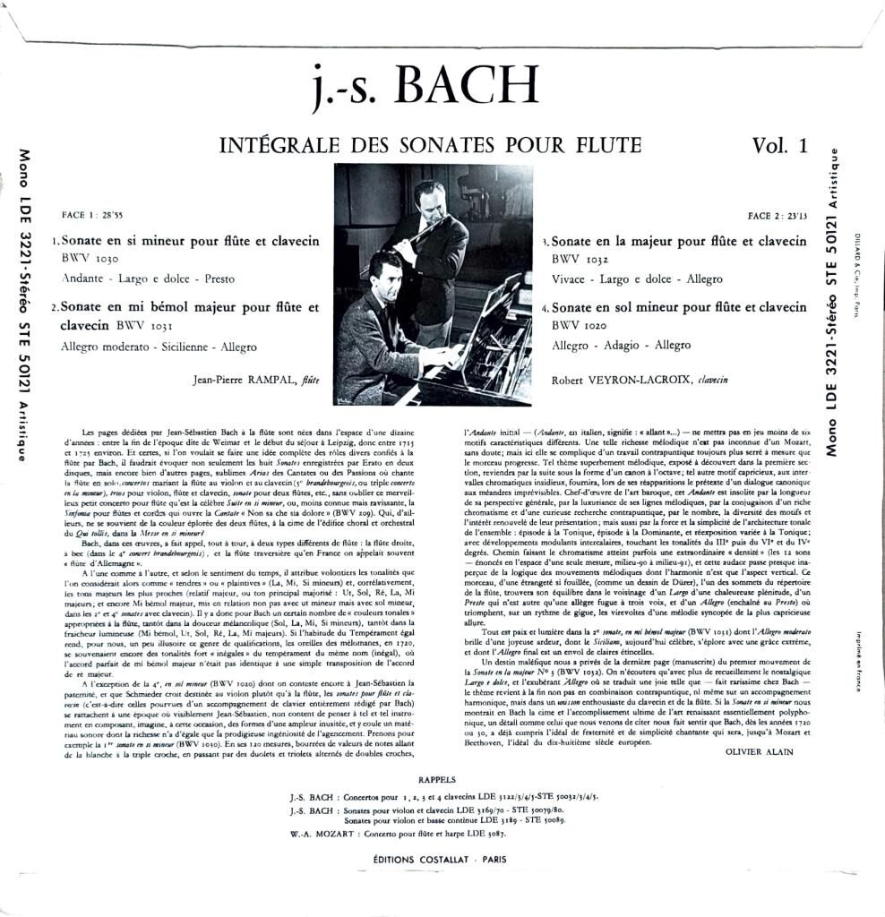 J.S. Bach - Jean-Pierre Rampal, Robert Veyron-Lacroix – Intégrale Des Sonates Pour Flute, Vol.1 LP