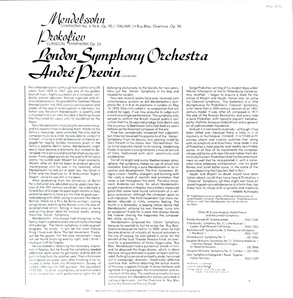 André Previn, London Symphony* – Mendelssohn - Symphony No. 4 in A, Op. 90 (''Italian'') / Ruy Blas: Overture / Prokofiev - Classical Symphony LP